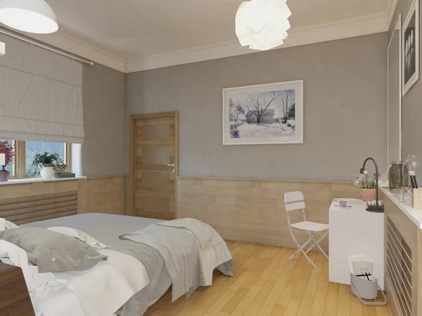 Diseño de interiores de dormitorio mínimo en blanco 3D — Foto de Stock