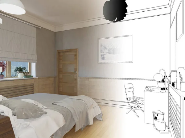 3D gerendert weiß minimale Schlafzimmer Innenarchitektur — Stockfoto