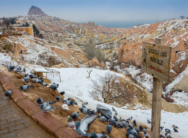 Turistické informace ukazatel na místo, kde jeho hlavní Holub, holubice seděla. Kappadokie v centrální Anatolii je Unesco světového dědictví UNESCO od roku 1985, Turecko — Stock fotografie