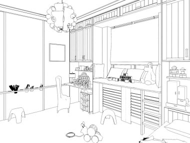 Çocuk odası render. Grafik siyah beyaz iç kroki