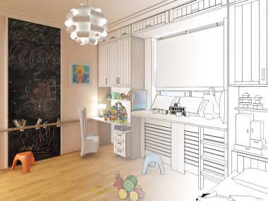 Çocuk odası render. Grafik siyah beyaz iç kroki