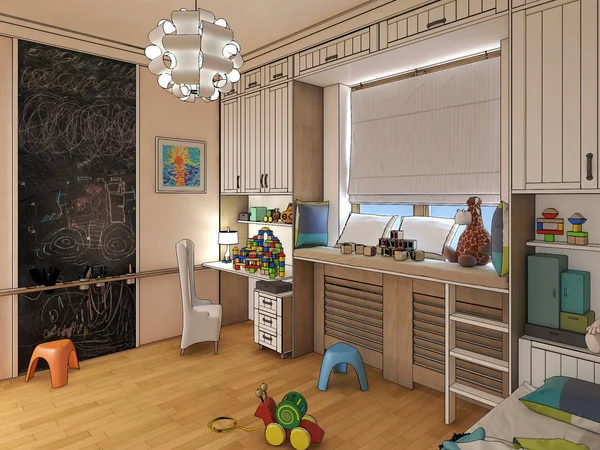 Renderen kinderen kamer met gestreepte bed en boekenkasten. 3D illustratie — Stockfoto