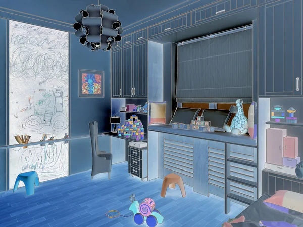 Machen Kinderzimmer mit gestreiftem Bett und Bücherregalen. 3D-Illustration — Stockfoto