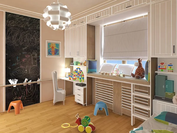 Renderen kinderen kamer met gestreepte bed en boekenkasten. 3D illustratie — Stockfoto