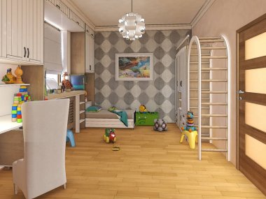 Çocuk odası eritli yatak ve raflardan render. 3D çizim