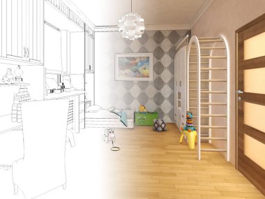 Çocuk odası render. Grafik siyah beyaz iç kroki