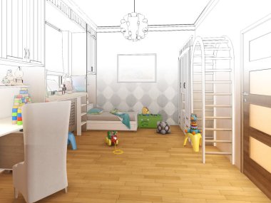 Çocuk odası render. Grafik siyah beyaz iç kroki