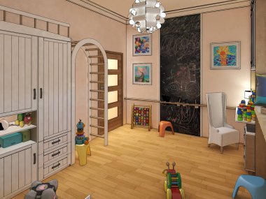 Çocuk odası eritli yatak ve raflardan render. 3D çizim
