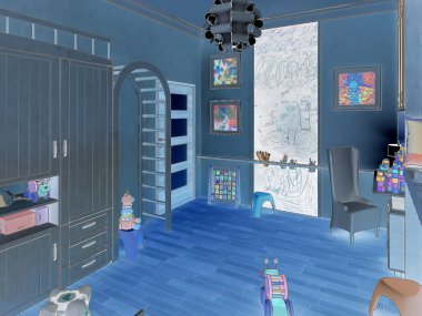 Çocuk odası eritli yatak ve raflardan render. 3D çizim