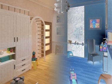 Çocuk odası eritli yatak ve raflardan render. 3D çizim