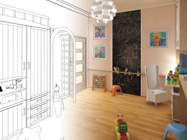 Çocuk odası render. Grafik siyah beyaz iç kroki