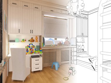 Çocuk odası render. Grafik siyah beyaz iç kroki