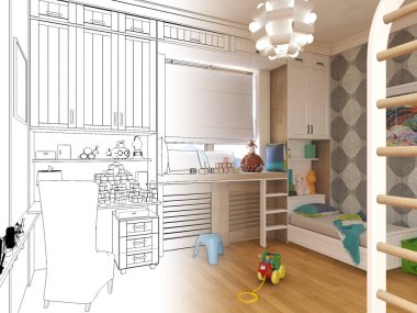 Çocuk odası render. Grafik siyah beyaz iç kroki