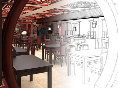 Siyah ve beyaz eskiz Çin Restoran iç tasarım render.