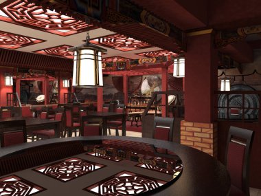 bir Çin restoranı iç 3D render