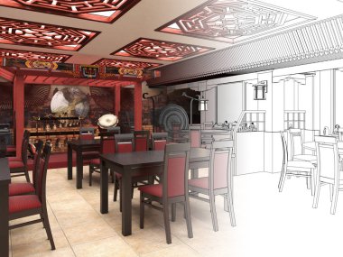 Siyah ve beyaz eskiz Çin Restoran iç tasarım render.