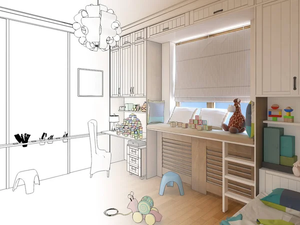 Render Children room.Graphic sketsa interior hitam putih — Stok Foto