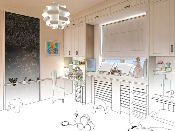 Render Children room.Graphic black white interior sketch — Stock Photo, Image