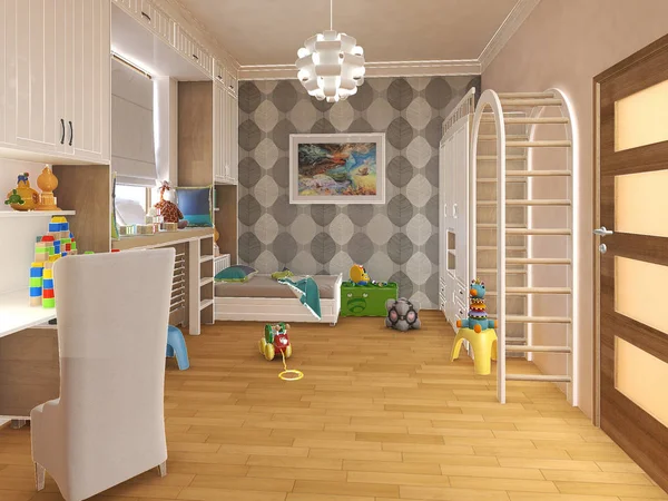 Çocuk odası eritli yatak ve raflardan render. 3D çizim