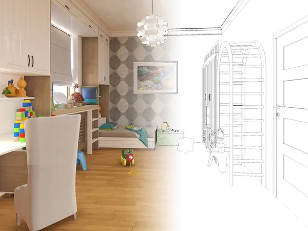 Render Children room.Graphic sketsa interior hitam putih — Stok Foto