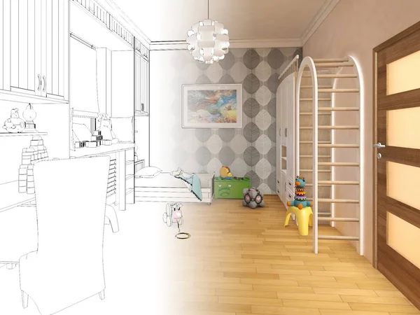 Çocuk odası render. Grafik siyah beyaz iç kroki — Stok fotoğraf