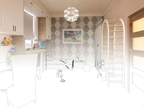 Render Children room.Graphic sketsa interior hitam putih — Stok Foto