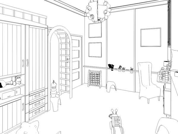 Renderizar habitación Infantil. gráfico negro blanco interior boceto —  Fotos de Stock