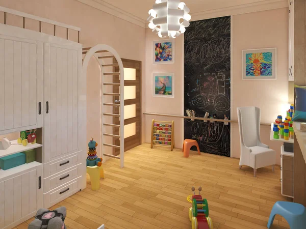 Machen Kinderzimmer mit gestreiftem Bett und Bücherregalen. 3D-Illustration — Stockfoto