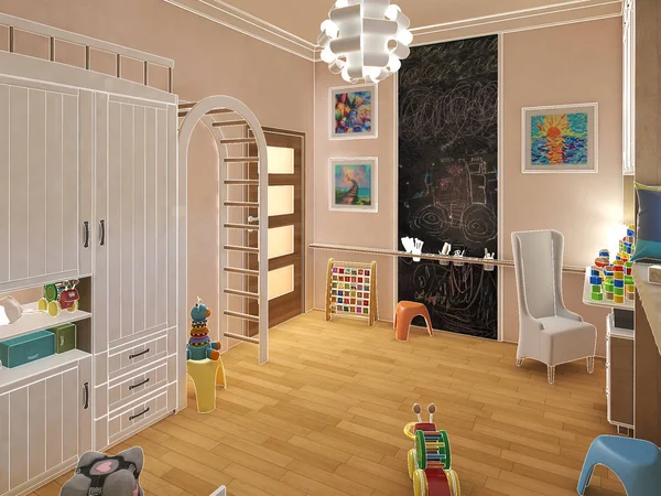 Обеспечьте детскую комнату с полосатой кроватью и книжными полками. 3d иллюстрация — стоковое фото