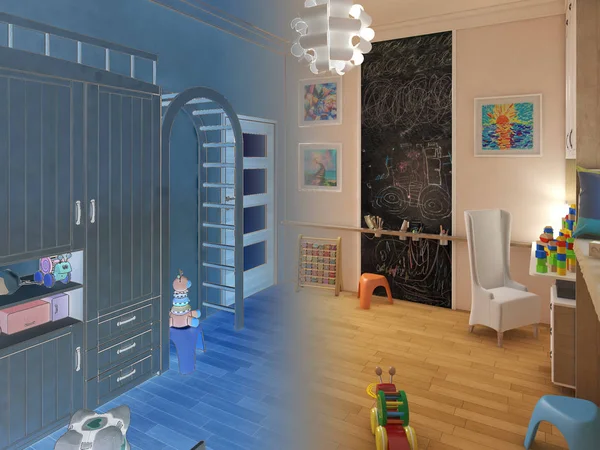 Viszonoz gyerekek szoba csíkos ággyal és könyvespolcok. 3D-s illusztráció — Stock Fotó