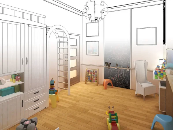 Render Children room.Graphic sketsa interior hitam putih — Stok Foto