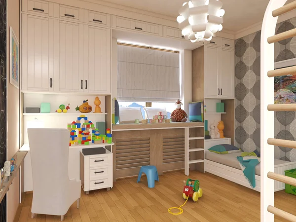 Render habitación para niños con cama a rayas y estanterías. ilustración 3d —  Fotos de Stock