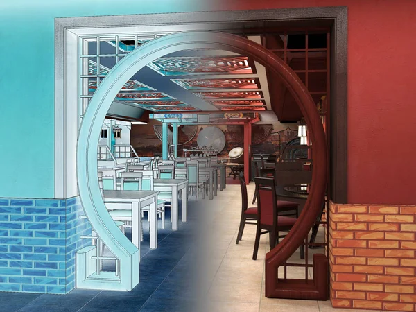 3D činí z interiéru čínské restaurace — Stock fotografie