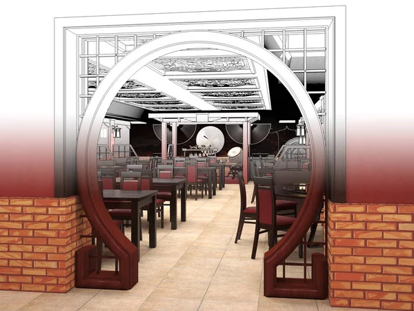 Render Black and white sketch of the Chinese restaurant interior design. — Stock Photo, Image