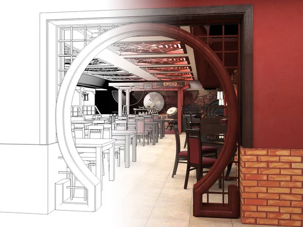 Render Schizzo in bianco e nero dell'interior design del ristorante cinese . — Foto Stock