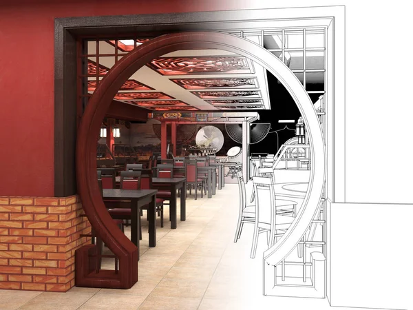 Render Black and white sketch of the Chinese restaurant interior design. — Stock Photo, Image