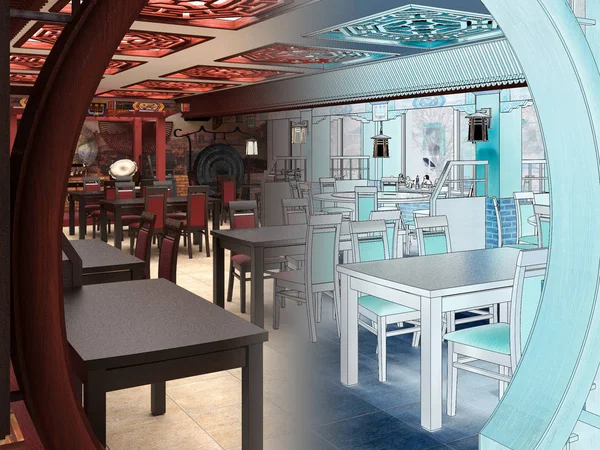 3d renderizado de un restaurante chino interior — Foto de Stock