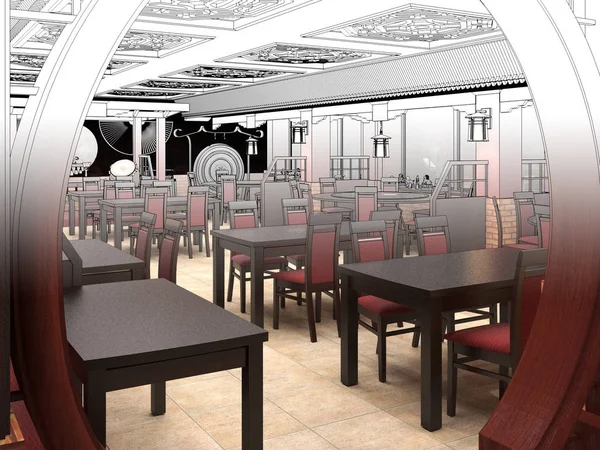 चीनी रेस्तरां आंतरिक डिजाइन का काला और सफेद स्केच प्रस्तुत करें . — स्टॉक फ़ोटो, इमेज