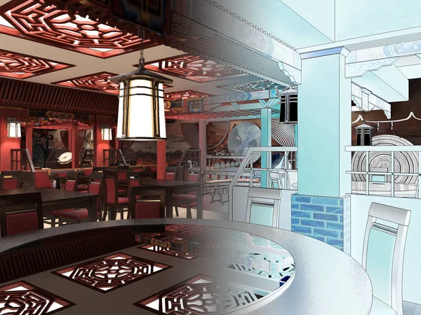 3d renderizado de un restaurante chino interior — Foto de Stock