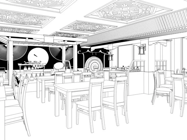 चीनी रेस्तरां आंतरिक डिजाइन का काला और सफेद स्केच प्रस्तुत करें . — स्टॉक फ़ोटो, इमेज