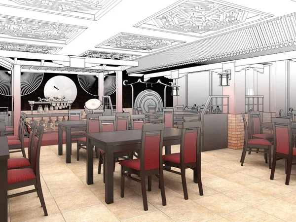 Render Esbozo en blanco y negro del diseño de interiores del restaurante chino . —  Fotos de Stock