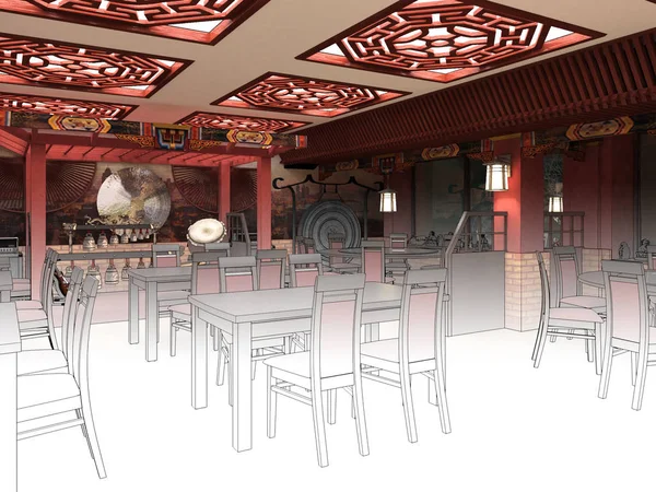 Render Esbozo en blanco y negro del diseño de interiores del restaurante chino . — Foto de Stock
