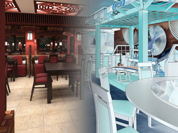 3d renderizado de un restaurante chino interior — Foto de Stock