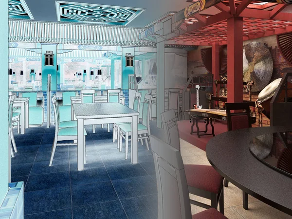 3D činí z interiéru čínské restaurace — Stock fotografie