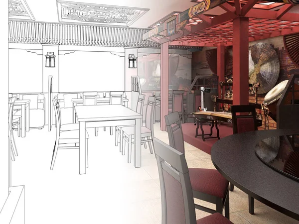 Render Black and white sketch of the Chinese restaurant interior design. — Stock Photo, Image