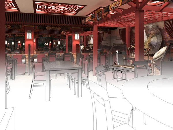 Καταστήσει το κινέζικο εστιατόριο εσωτερική διακόσμηση μαύρο και άσπρο σκίτσο. — Φωτογραφία Αρχείου