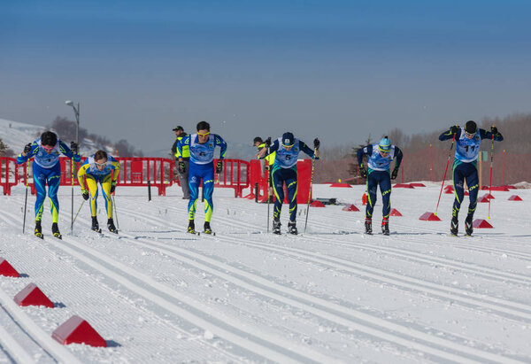 KAZAKHSTAN, ALMATY - FEBRUARY 25, 2018: Amateur cross-country skiing competitions of ARBA ski fest 2018. Participants from all over the republic competed for competitions and compete for medals.