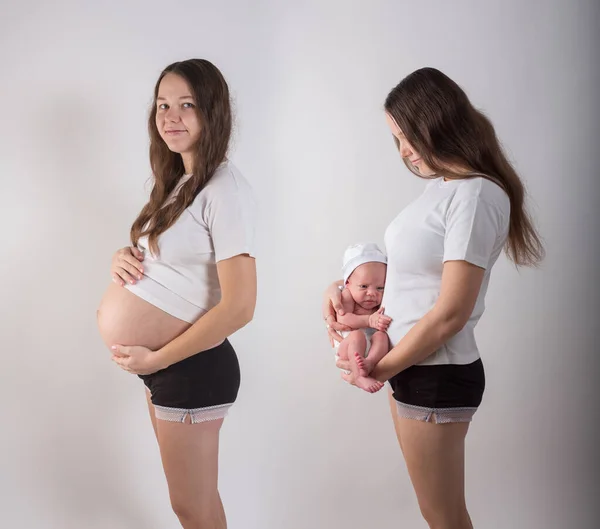 Gravid kvinna och samma kvinna med barn — Stockfoto