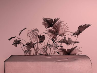 Arkasında taş levha ve bitkiler olan pembe pastel bir arka plan. 3d resimleme.