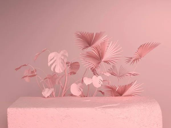 石板とその背後に植物とピンクのパステルの背景。3Dレンダリング図. — ストック写真